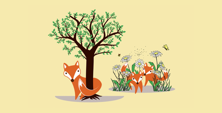 Fuchsfamilie mit Baum
